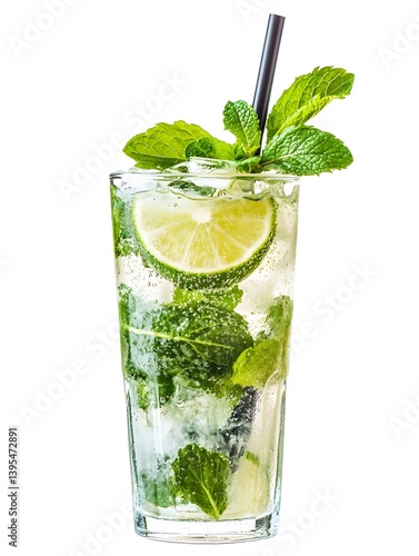 Mojito Cocktail in a Highball Glass with Mint and Lime on White Background