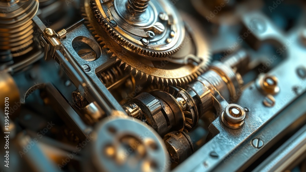 Detailed view of intricate metal gears and mechanical components. Detailed view of intricate metal gears and mechanical components.