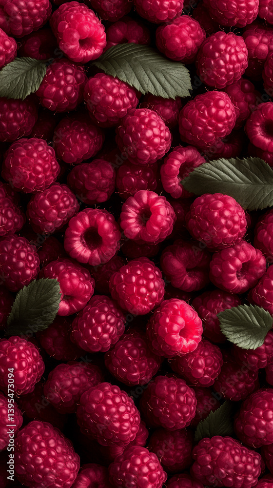 Freshly harvested raspberries with vibrant color and lush green leaves under natural lighting Freshly harvested raspberries with vibrant color and lush green leaves under natural lighting