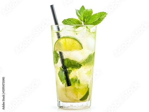 Mojito Cocktail in a Highball Glass with Mint and Lime on White Background