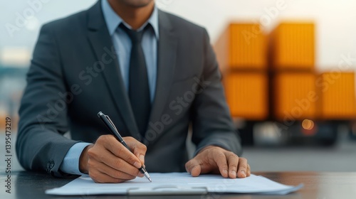 Customs Agent Completing Product Declarations Amidst Shipping Containers and Trucks, Focusing on the Paperwork Process and Professionalism