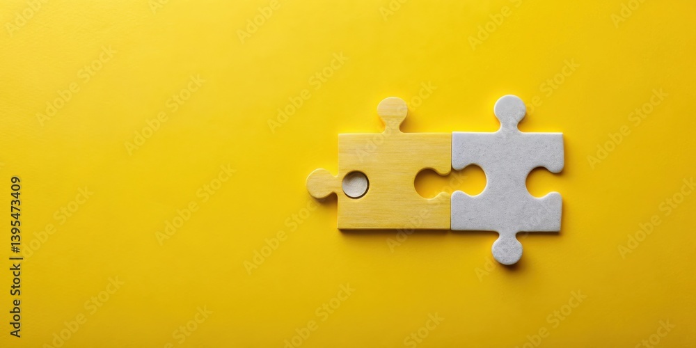 Fototapeta premium Two puzzle pieces interlock on a vibrant yellow background, symbolizing connection and collaboration