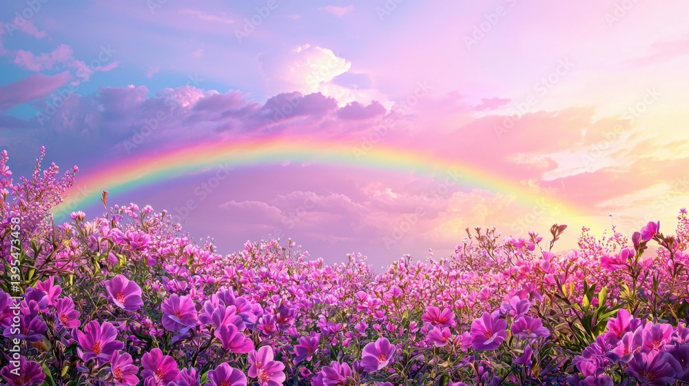 Playful fantasy meadow filled with bright colors, blooming flowers, and a beautiful rainbow stretching above the trees. Playful fantasy meadow filled with bright colors, blooming flowers, and a beautiful rainbow stretching above the trees.
