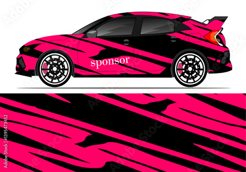 Vibrant pink and black sports car design showcasing dynamic stripes and sleek profile on a clean background