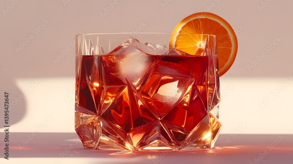 Negroni Cocktail in a Crystal Glass with Orange Garnish on White Background