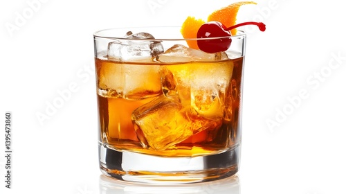 Old Fashioned Cocktail with Orange Peel and Ice on White Background