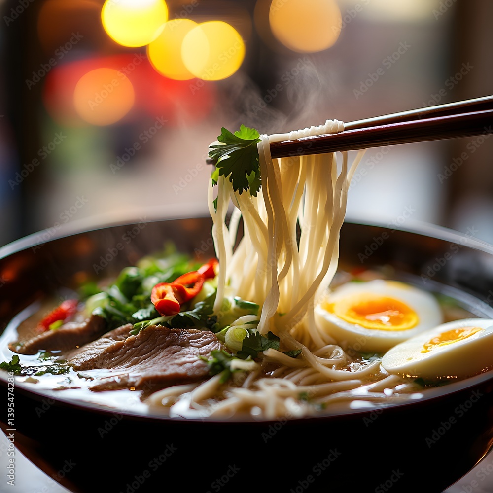 Street Food Delight: Authentic Asian Noodles with Chopsticks and Aromatic Steam