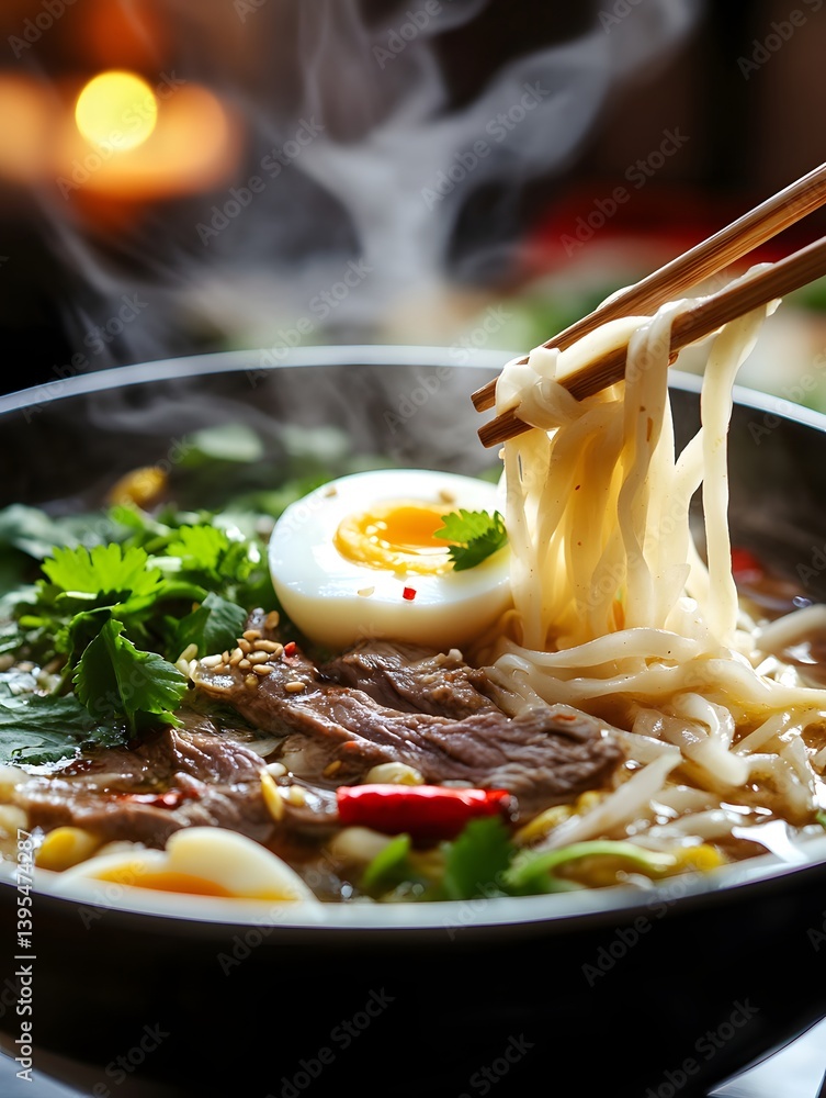 Street Food Delight: Authentic Asian Noodles with Chopsticks and Aromatic Steam
