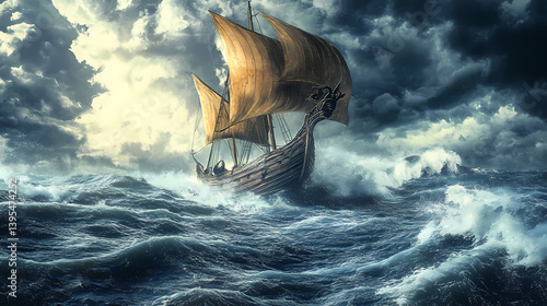 A mythical creature navigates stormy seas, showcasing daring and adventure in an epic tale. Mythic Tides. Illustration