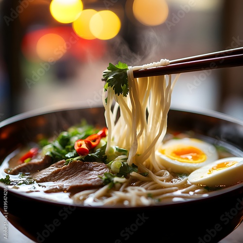 Obraz na płótnie Street Food Delight: Authentic Asian Noodles with Chopsticks and Aromatic Steam w salonie