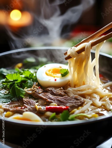 Obraz na płótnie Street Food Delight: Authentic Asian Noodles with Chopsticks and Aromatic Steam w salonie