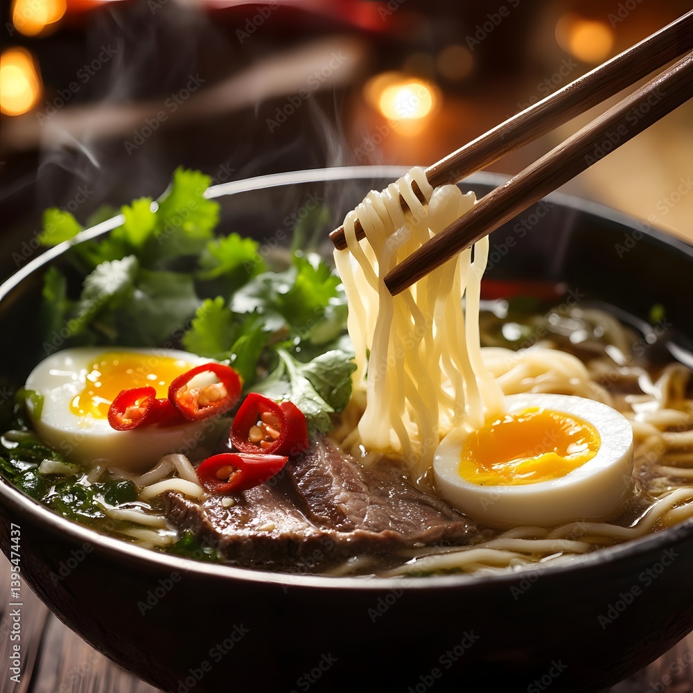 Street Food Delight: Authentic Asian Noodles with Chopsticks and Aromatic Steam