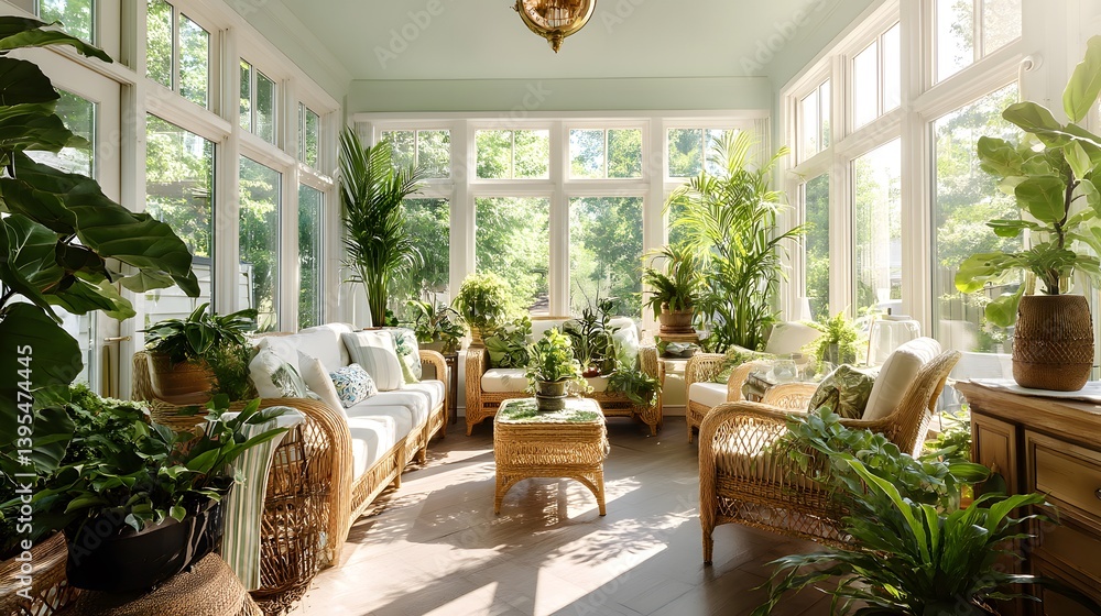 Fototapeta premium sunroom filled with indoor plants, wicker furniture, and soft filtered daylight
