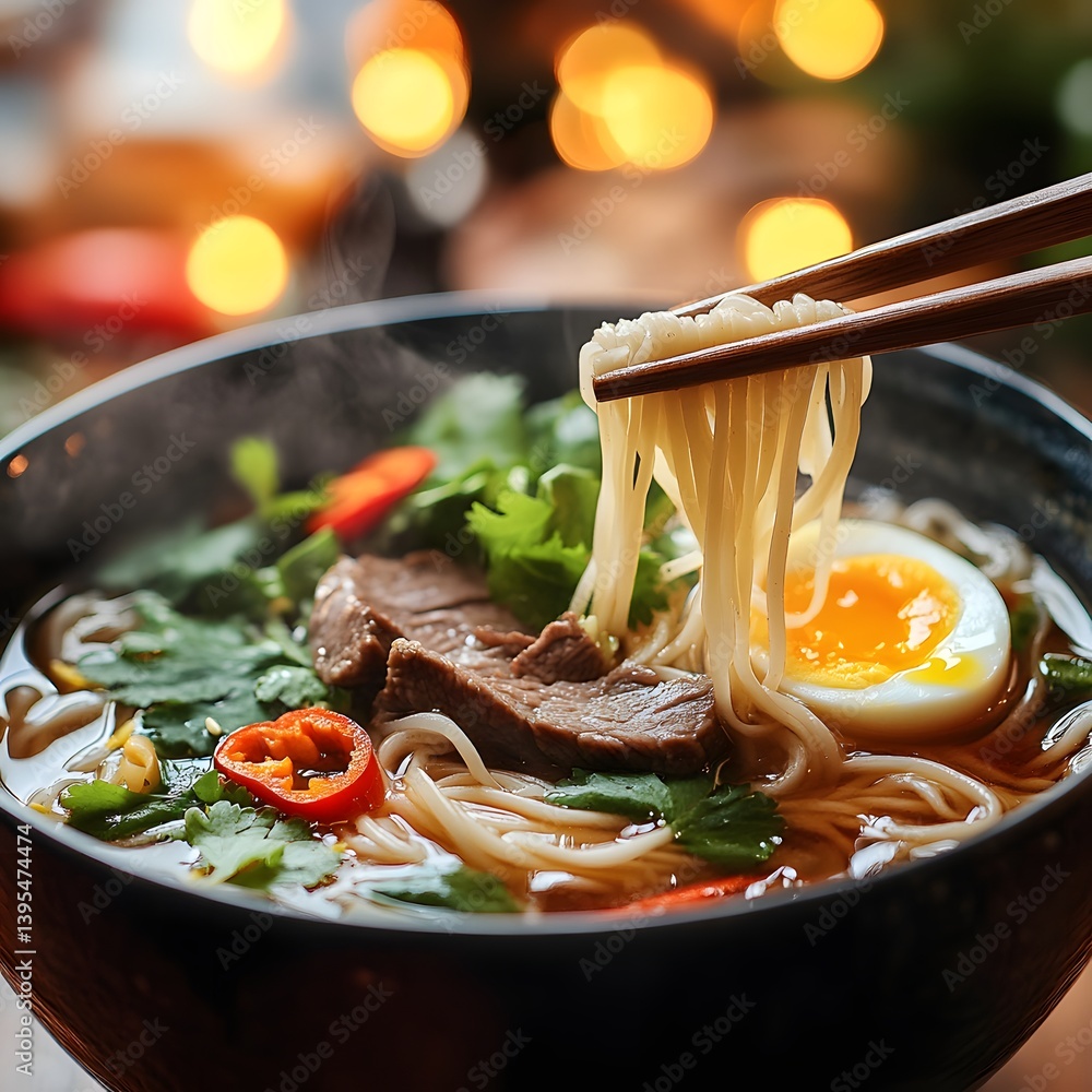 Street Food Delight: Authentic Asian Noodles with Chopsticks and Aromatic Steam