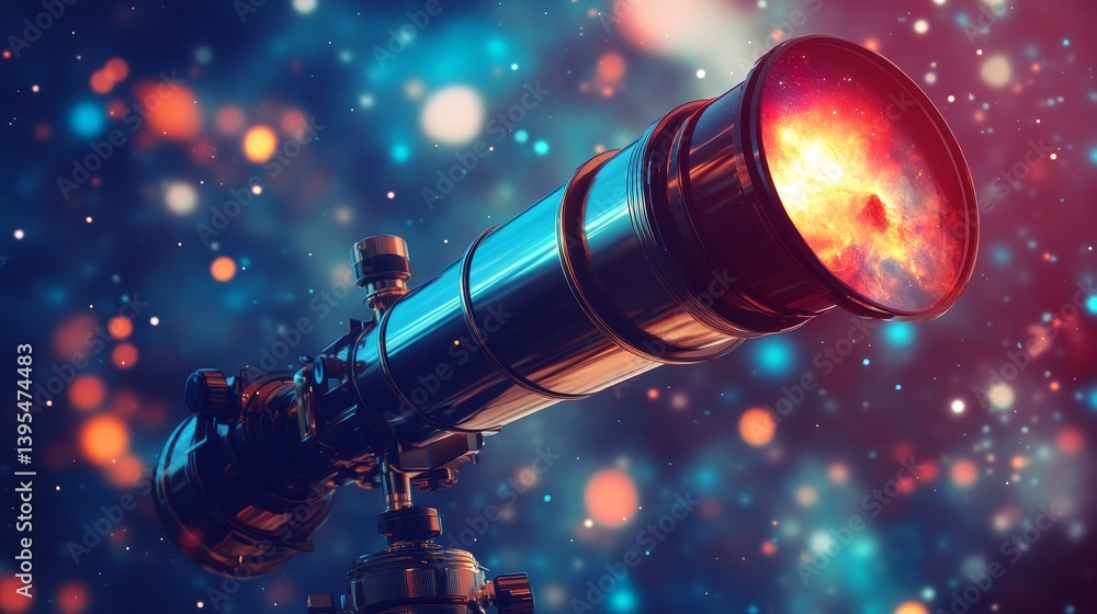 Telescope pointing towards a colorful starry sky with bokeh lights in the background.