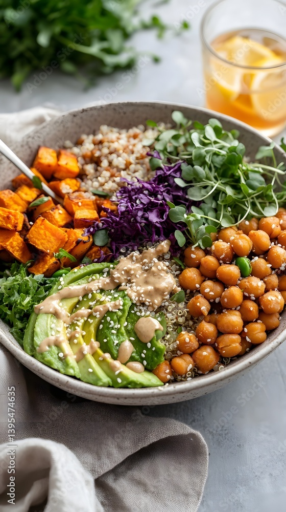 Vegan Buddha Bowl with Roasted Chickpeas, Avocado, and Quinoa