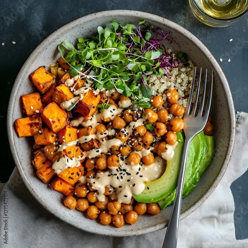 Vegan Buddha Bowl with Roasted Chickpeas, Avocado, and Quinoa