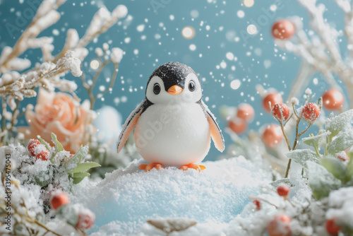 A penguin standing on an iceberg surrounded by ice water and snow, Christmas magazine style.