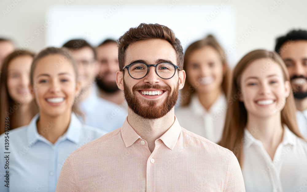 A smiling man stands in front of a diverse group of people, all appearing friendly and engaged. A smiling man stands in front of a diverse group of people, all appearing friendly and engaged.