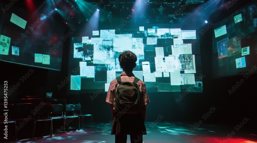 A person with a backpack stands before a large screen displaying many windows.