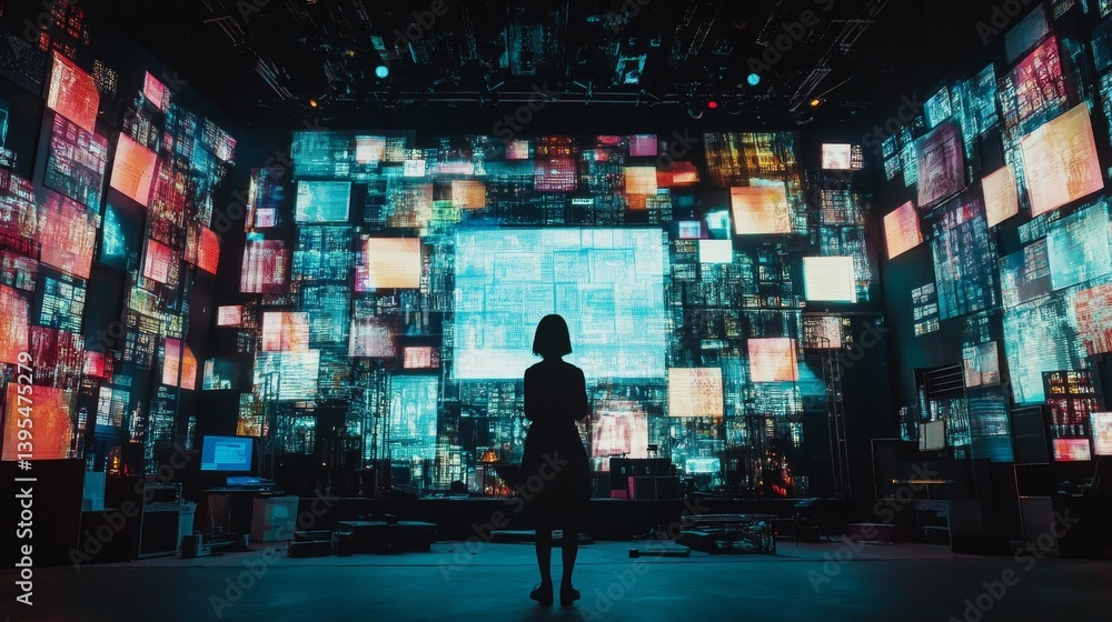 Person stands facing a wall covered in many screens displaying various content.