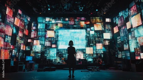 Obraz na płótnie Person stands facing a wall covered in many screens displaying various content. w salonie