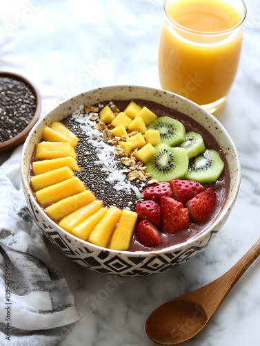 Obraz na płótnie Vibrant Healthy Breakfast Bowl with Tropical Fruits and Chia Seeds w salonie