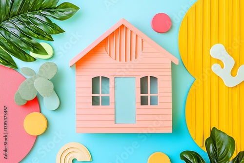 Colorful house model with decorative items on a pastel background, showcasing vibrant and creative home styling