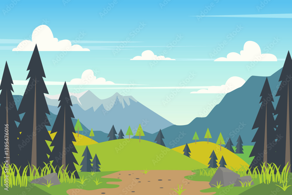 Fototapeta premium Hiking in the mountains. Vector landscape illustration of a path in the forest leading to the mountains. Pine trees, green grass and high mountains. Cartoon mountain landscape.