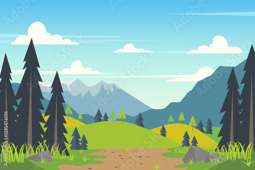 Hiking in the mountains. Vector landscape illustration of a path in the forest leading to the mountains. Pine trees, green grass and high mountains. Cartoon mountain landscape.