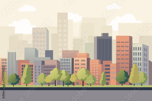 Residential area of ​​a modern city. Sleeping area of ​​a big city against the backdrop of the skyscrapers of a metropolis. Buildings, trees, lawn and sidewalks of the city.