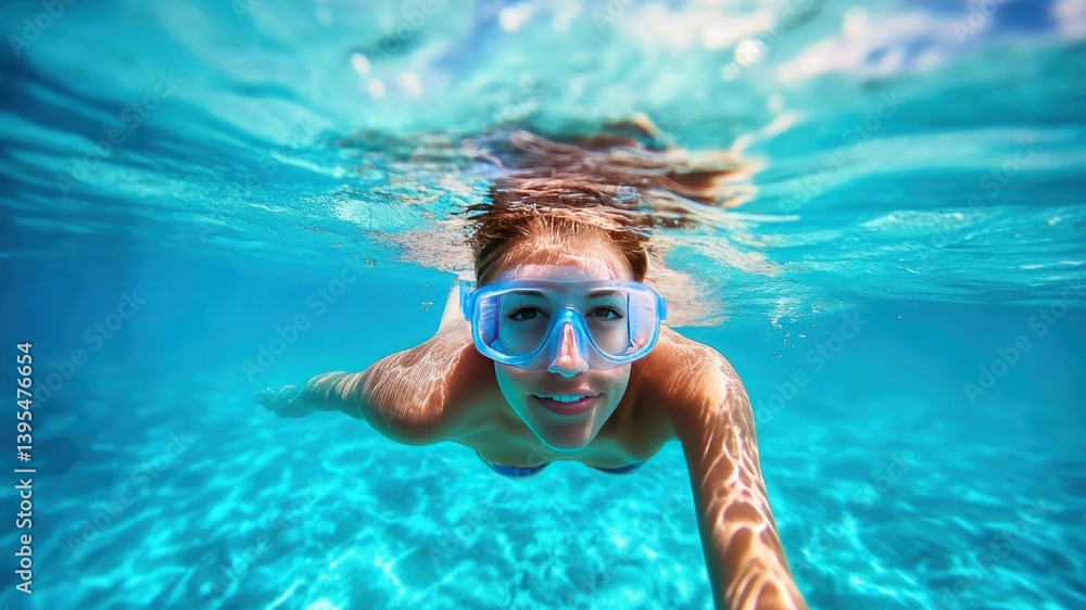 Fototapeta premium Woman snorkeling in clear turquoise water, enjoying a summer vacation.