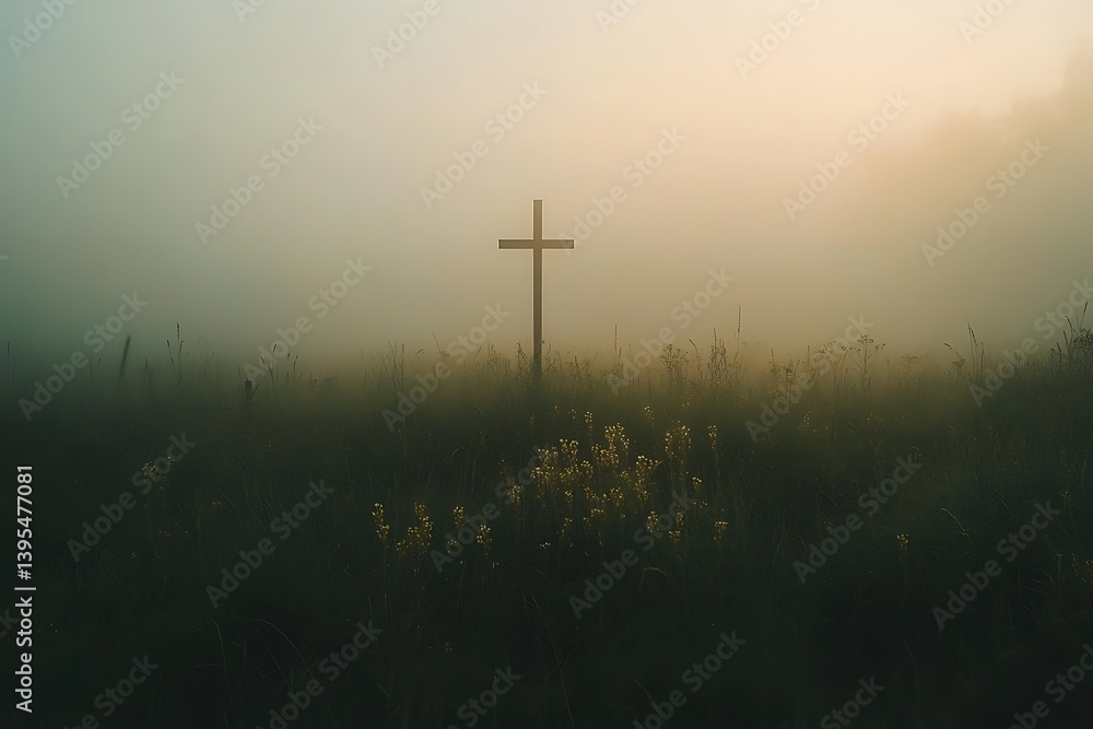 Obraz premium Misty meadow with a wooden cross silhouette