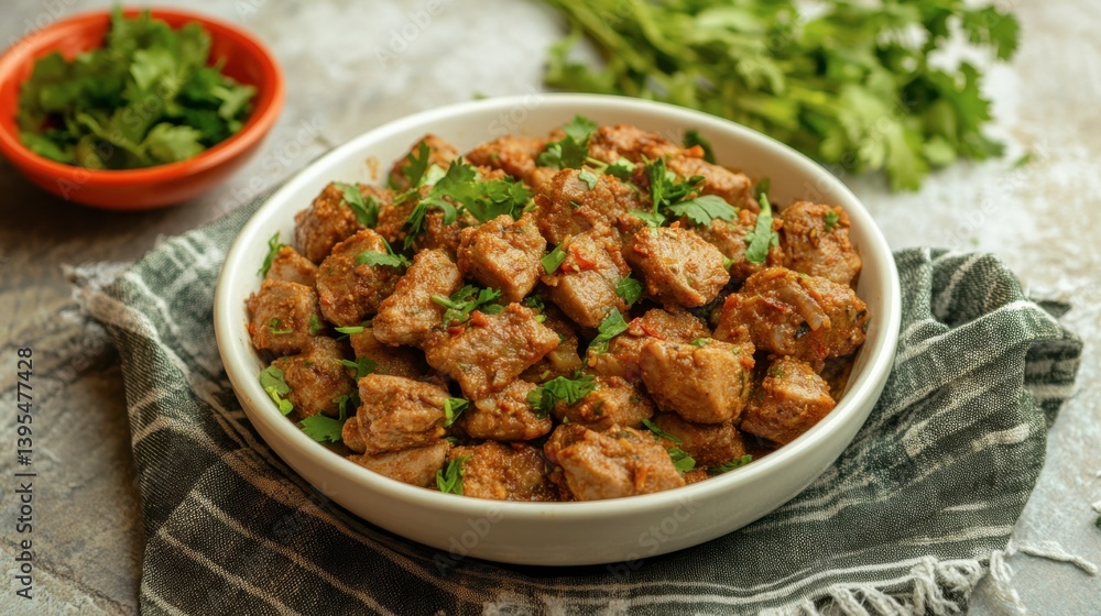 Savory Meal with Tender Meat Cubes Garnished with Fresh Herbs Savory Meal with Tender Meat Cubes Garnished with Fresh Herbs