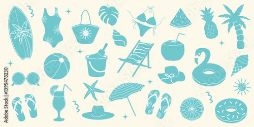 Summer elements set. Flamingos, ice cream, pineapple, tropic leaves, cocktails, plum tree, watermelon, lemon, beach accessories