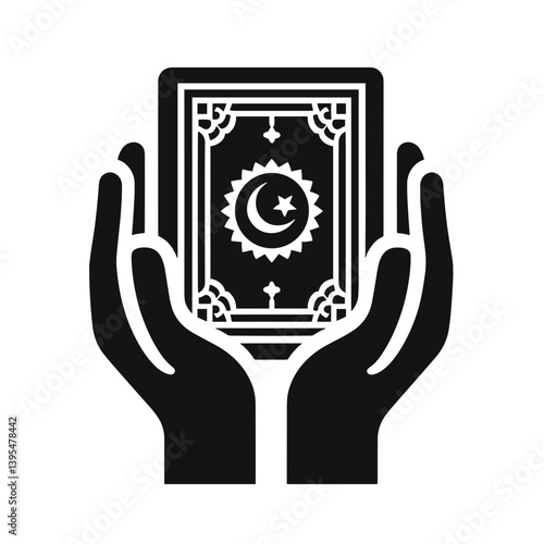 Black silhouette of a Koran in hands, Holy Book of Muslims, vector, transparent background 