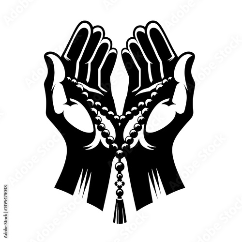 Black silhouette of a Muslim rosary in hands, vector, transparent background 
