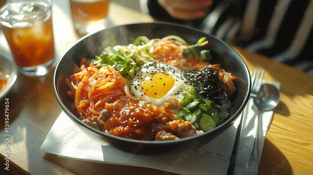 Bibimbap Bowl with Fried Egg, Vegetables and Rice on a Tabletop under Sunlight Bibimbap Bowl with Fried Egg, Vegetables and Rice on a Tabletop under Sunlight