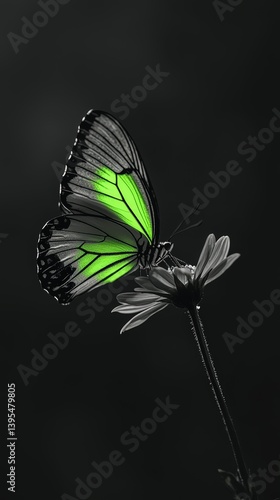 Vivid green butterfly resting on grayscale daisy flower against dark background, symbolizing transformation and contrast. Perfect for artistic nature design, ecological themes, and still life visuals.