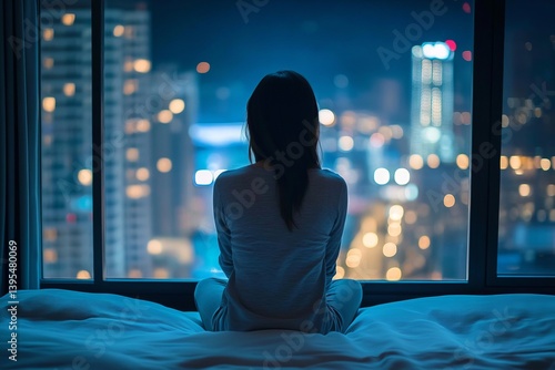 Insomnia. Struggling to sleep at night. A woman sitting on a bed in a dark room at night, facing a large window.