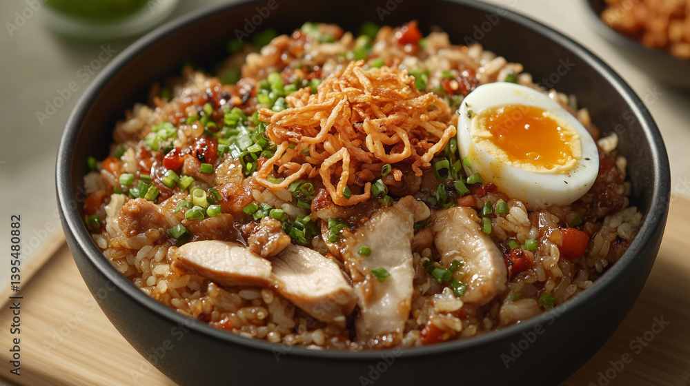 chicken rice bowl with egg and fried onion in black bowl, chicken rice bowl with egg and fried onion in black bowl,