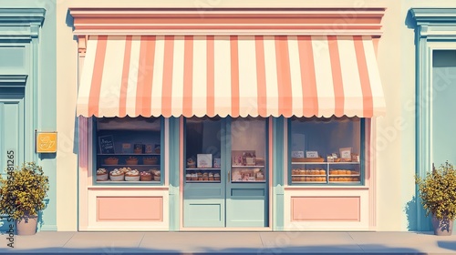 A pastel-colored digital illustration of a bakery storefront with a striped awning.
