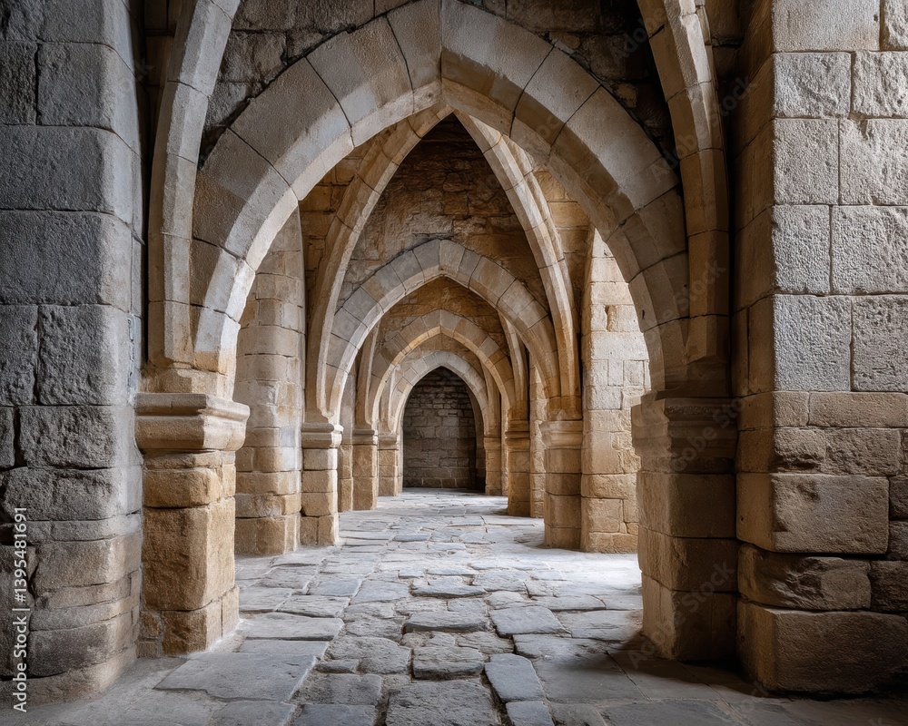 High vaulted stone arches dominate a medieval hall, worn flagstones underfoot, echoing silence - Pillars Grand Stone High vaulted stone arches dominate a medieval hall, worn flagstones underfoot, echoing silence - Pillars Grand Stone