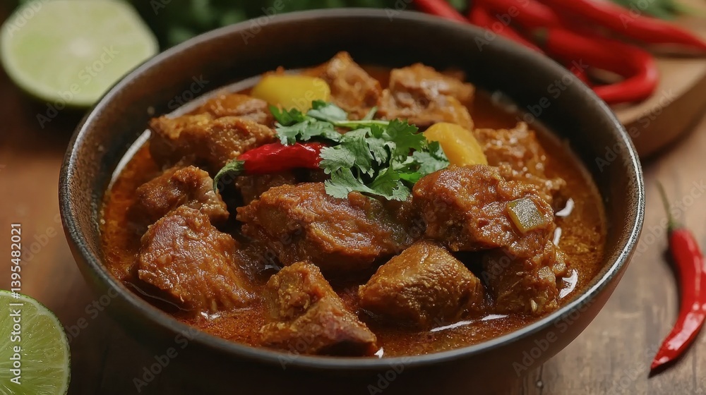 Flavorful Spicy Meat Dish in a Bowl with Herbs and Vegetables Flavorful Spicy Meat Dish in a Bowl with Herbs and Vegetables