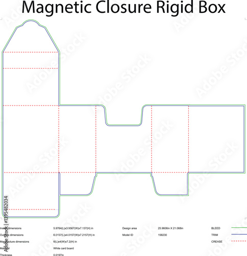 Magnetic Closure Rigid Box Die Cut Template Vector Diagram For Packaging Design And Manufacturing With Bleed Trim And Crease Lines