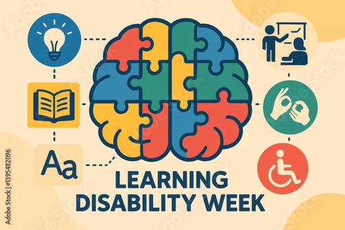 illustration for Learning Disability Week showing a brain made of colorful puzzle pieces and inclusive educational icons, raising awareness for learning disabilities and inclusive education