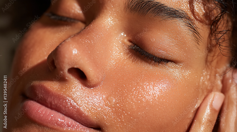 Fototapeta premium Close-up of dewy skin texture, showing glistening moisture, representing health, hydration, and skincare, ideal for beauty or wellness concepts