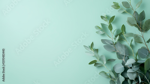 Eucalyptus leaves on pastel green background; copy space; nature flatlay; website banner