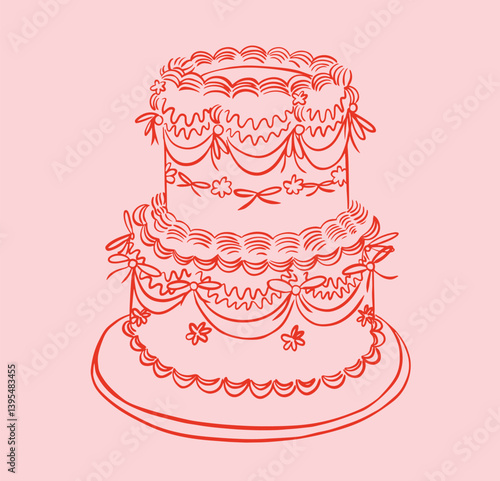 Birthday wedding cake with candle. Whimsical hand drawn Sketch.