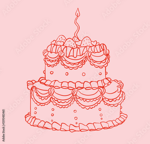 Birthday wedding cake with candle. Whimsical hand drawn Sketch.